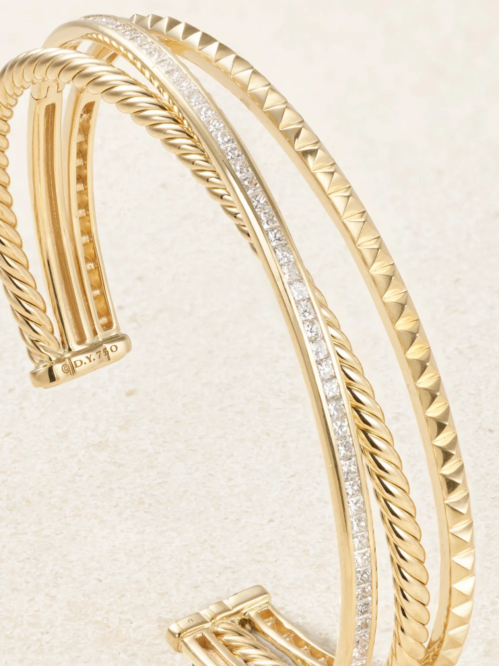 Close-up detail of the David Yurman Crossover Trio 18-karat Gold Diamond Cuff