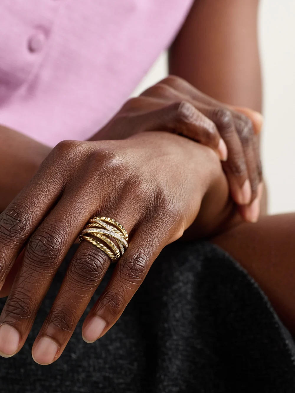 David Yurman Crossover® Trio Six Row 18-karat Gold Diamond Ring, styled view