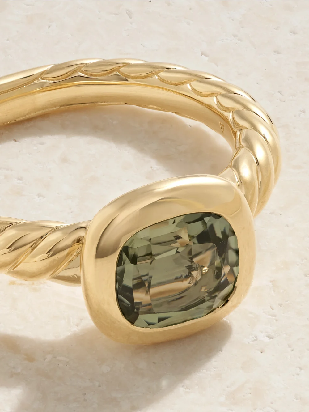 Close-up detail of the David Yurman Dy Mercer® 18-karat Gold Prasiolite Ring