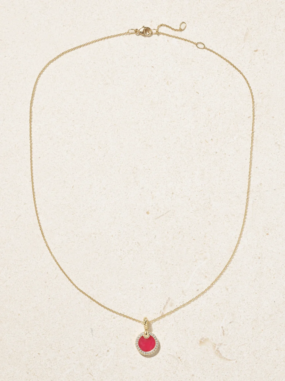 Close-up detail of the David Yurman Petite Elements 18-karat Gold, Rhodonite and Diamond Necklace
