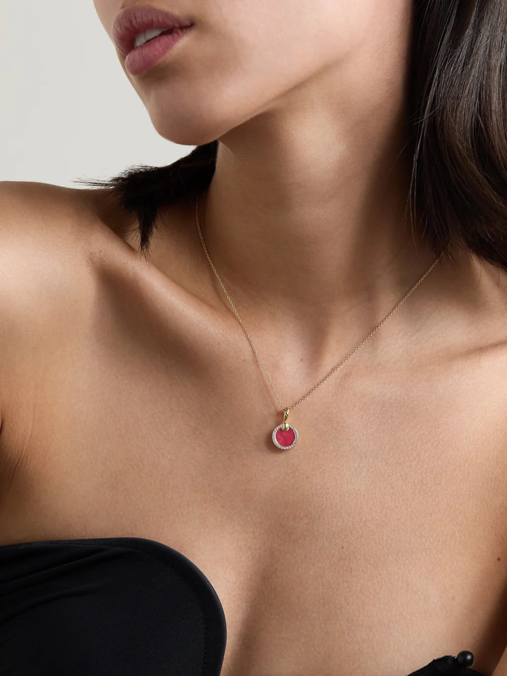 David Yurman Petite Elements 18-karat Gold, Rhodonite and Diamond Necklace, styled view