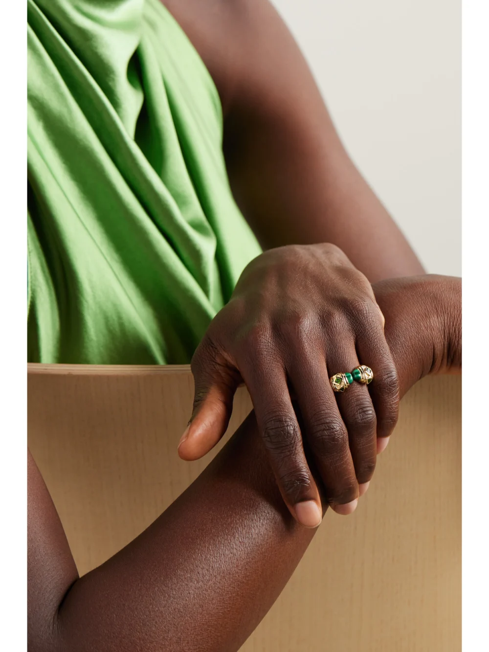 David Yurman Renaissance 18-karat Gold, Malachite and Diopside Ring, styled view