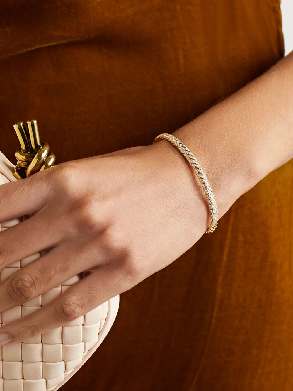 David Yurman Sculpted Cable 18-karat Gold Diamond Bangle, styled view