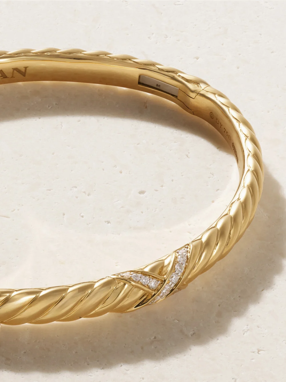 Close-up detail of the David Yurman Sculpted Cable 18-karat Gold Diamond Bangle