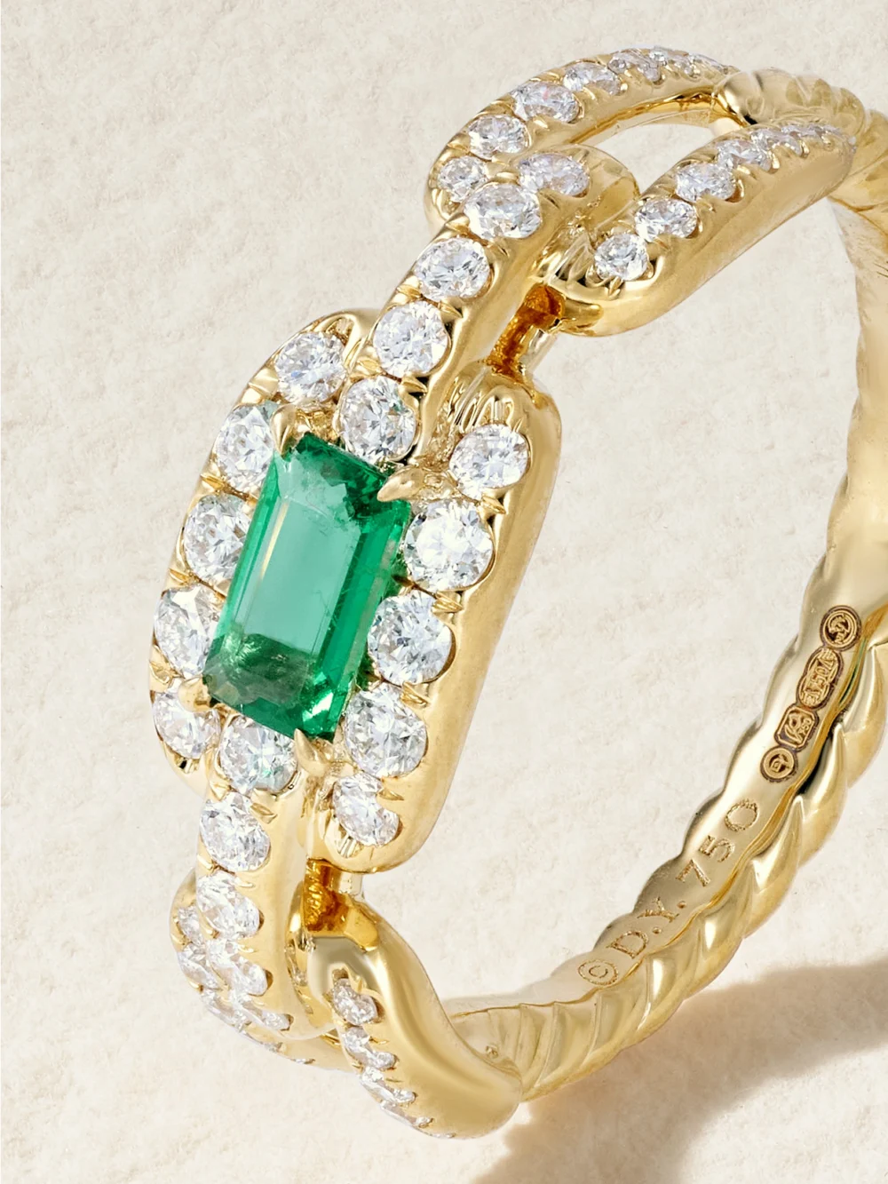 Close-up detail of the David Yurman Stax 18-karat Gold, Diamond and Emerald Ring