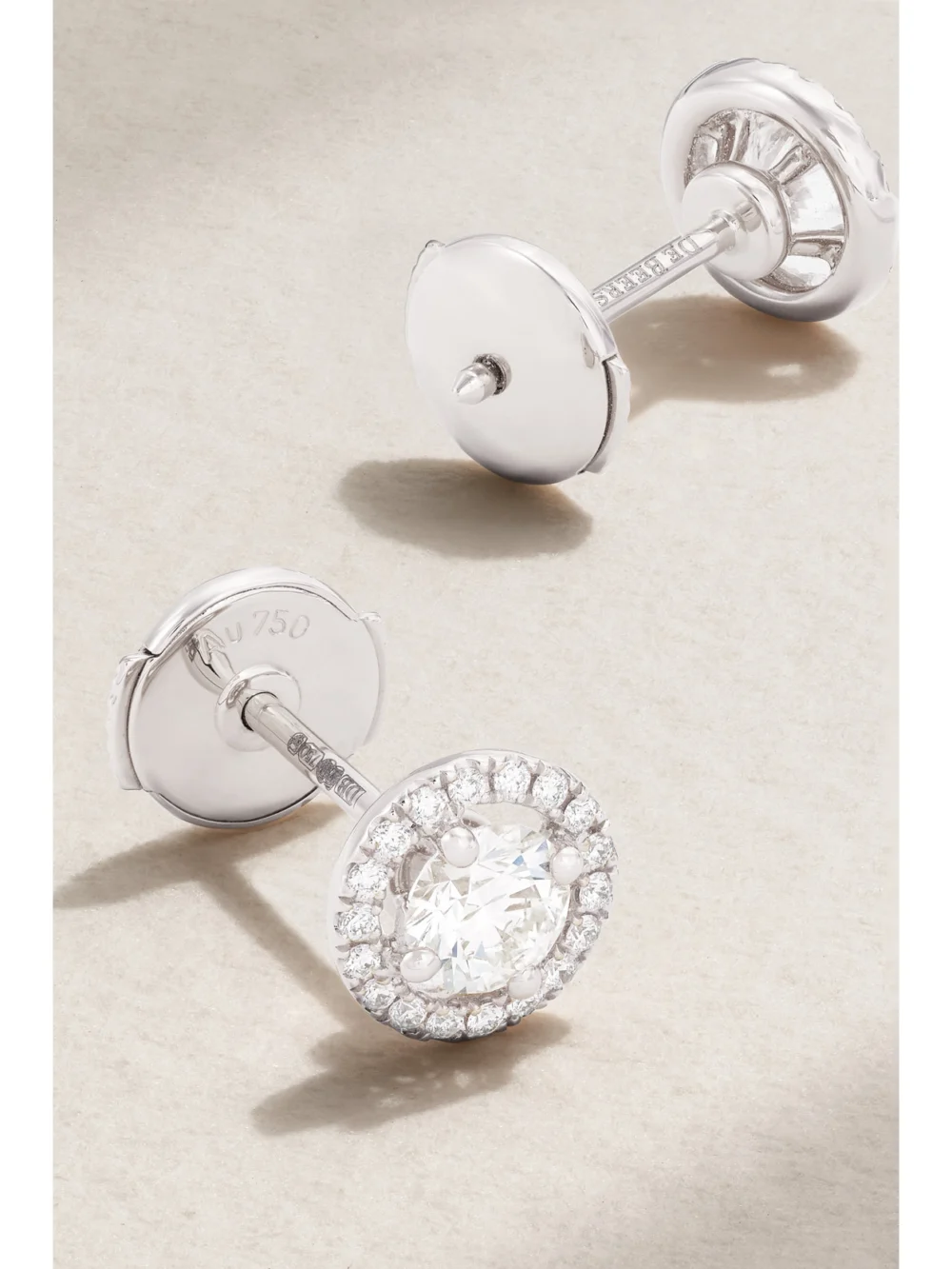 Back view of the De Beers London Aura 18-karat White Gold Diamond Earrings