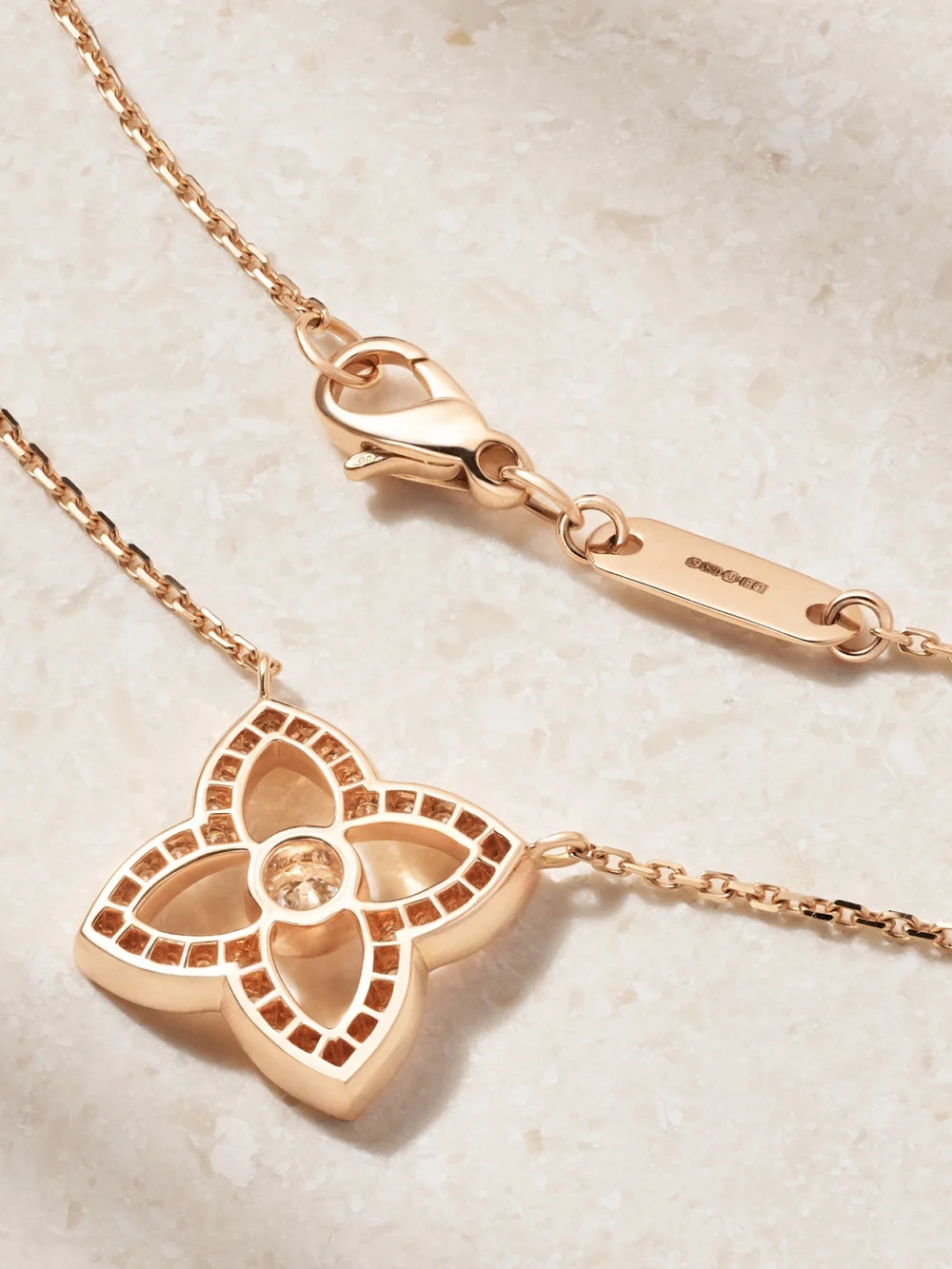 Back view of the De Beers London Lotus By De Beers 18-karat Rose Gold Diamond Necklace