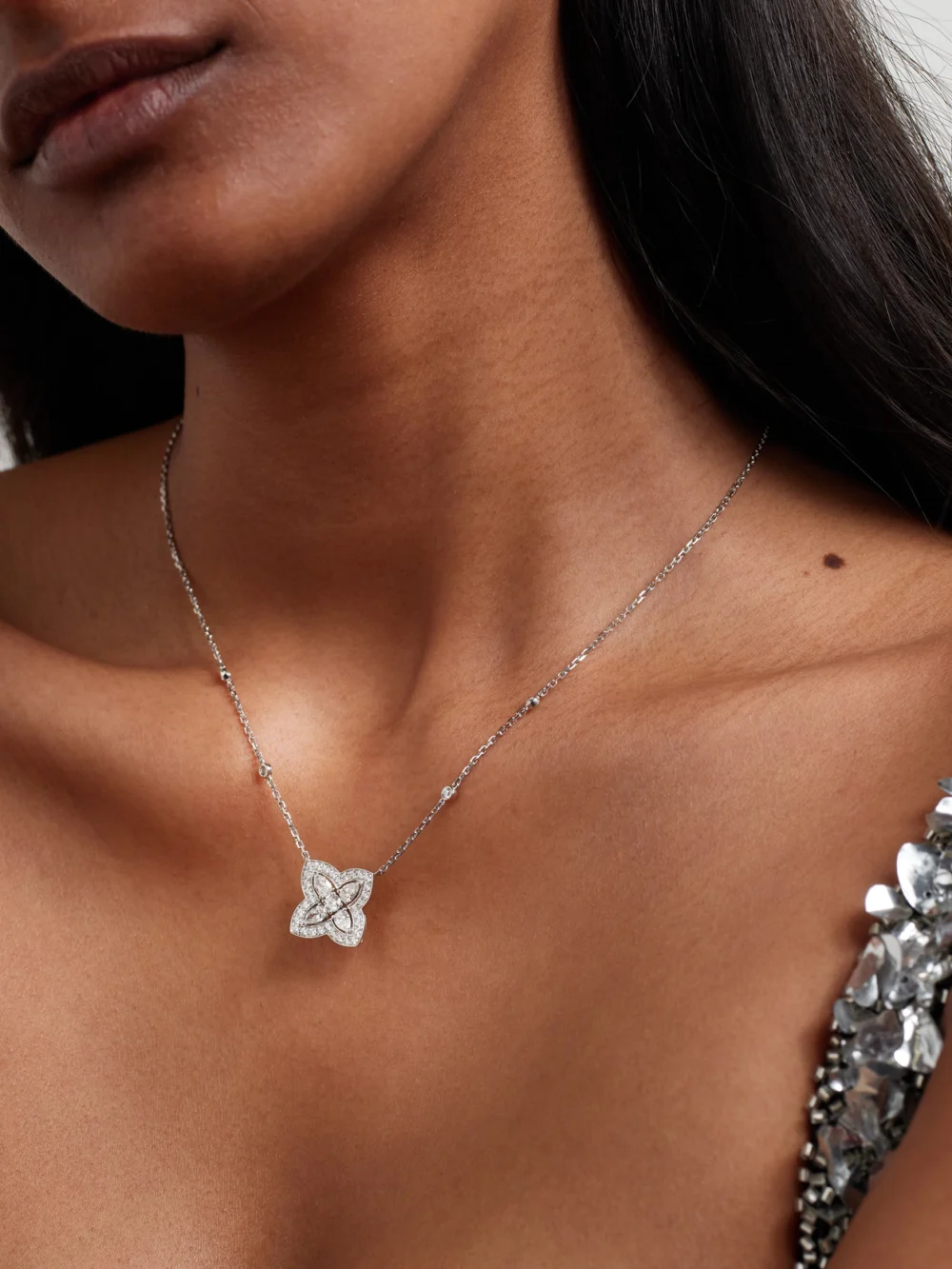 De Beers London Lotus By De Beers 18-karat White Gold Diamond Necklace, styled view
