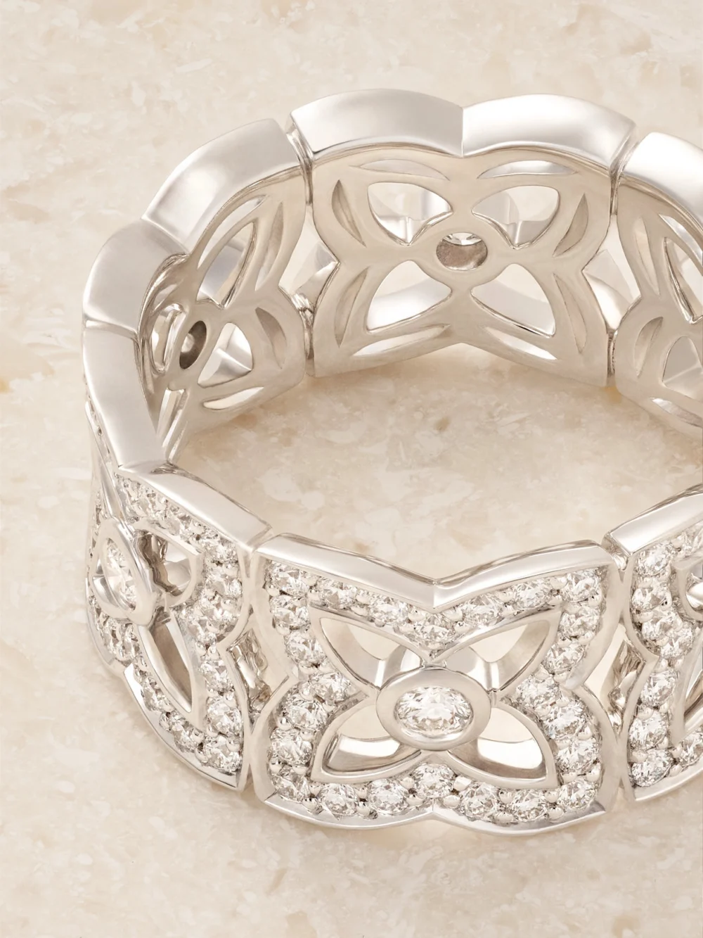 Close-up detail of the De Beers London Lotus By De Beers 18-karat White Gold Diamond Ring