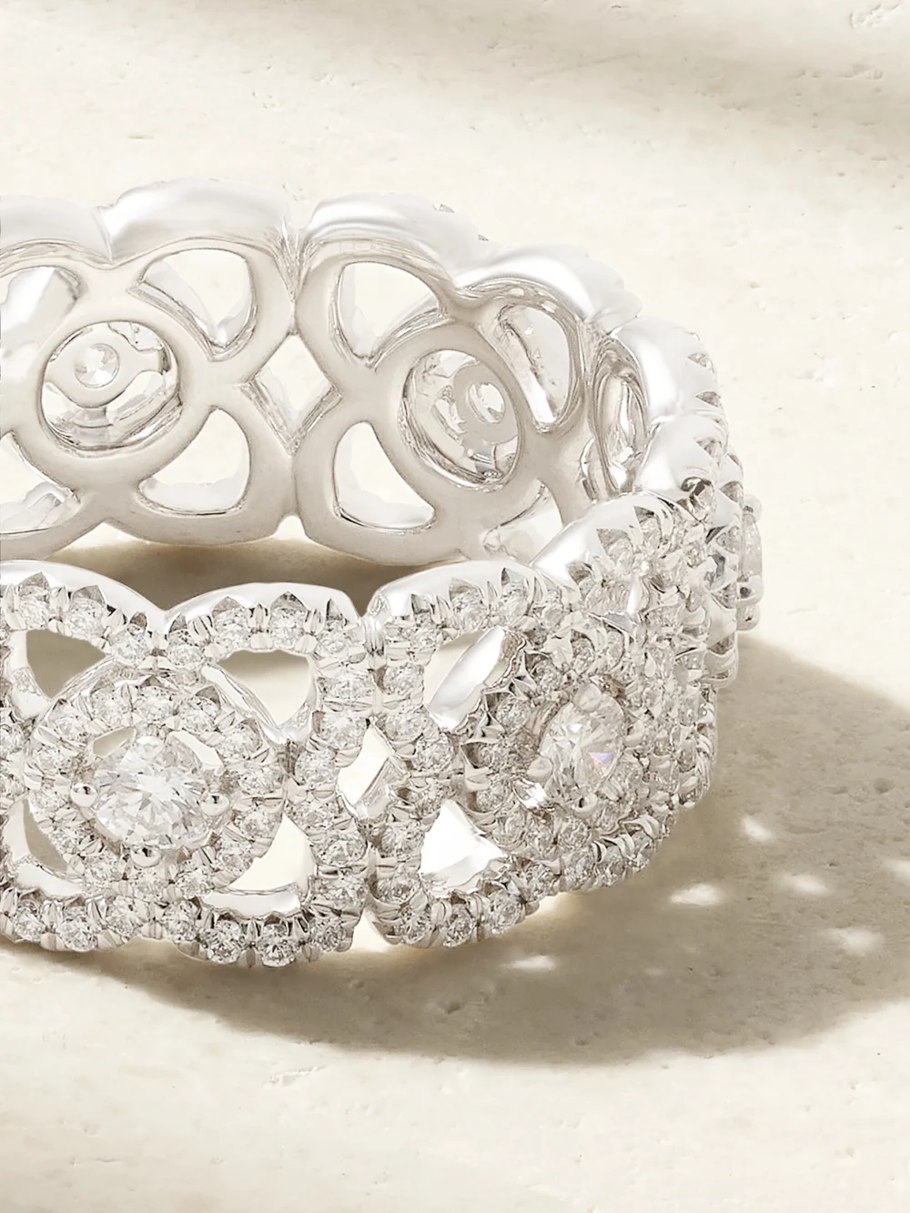 Close-up detail of the De Beers London Lotus By De Beers 18-karat White Gold Diamond Ring