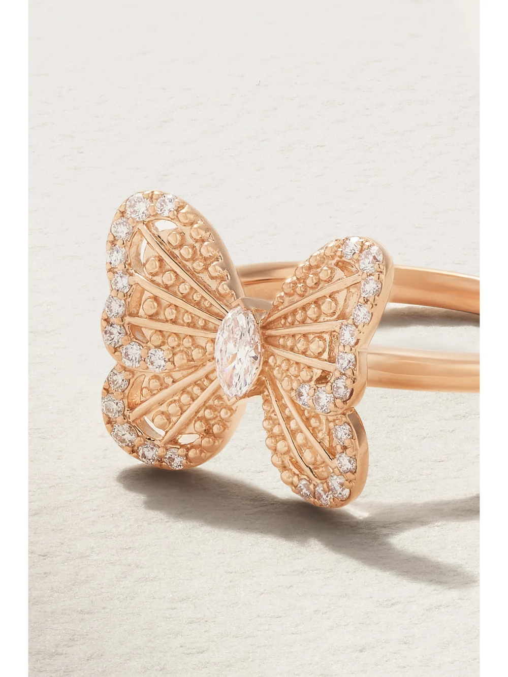 Close-up detail of the De Beers London Portraits of Nature Butterfly 18-karat Rose Gold Diamond Ring