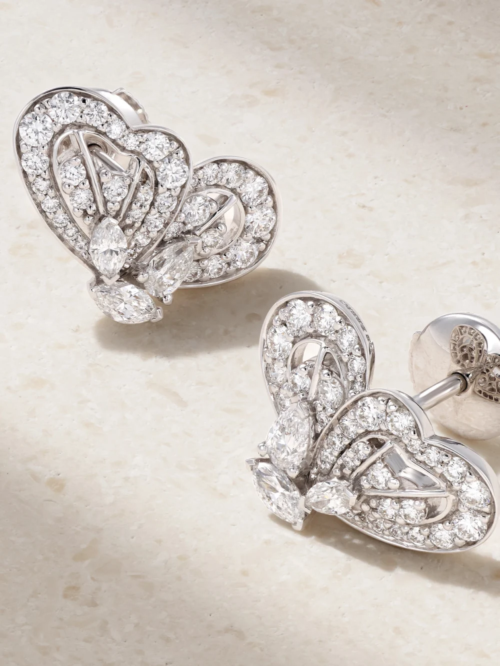 Close-up detail of the De Beers London Portraits of Nature Butterfly 18-karat White Gold Diamond Earrings
