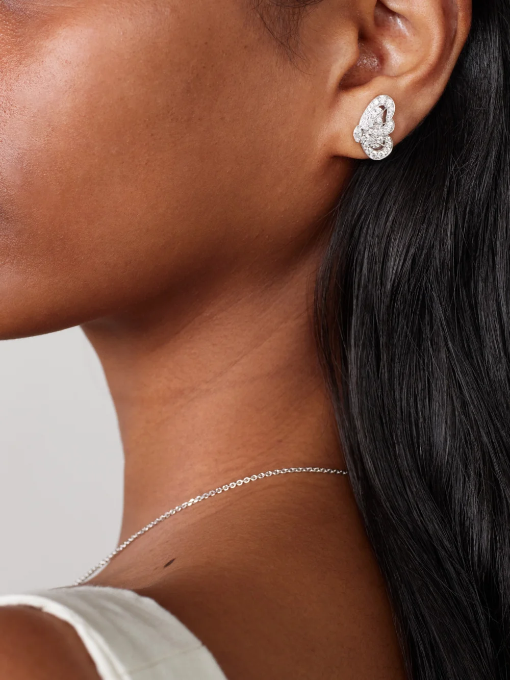 De Beers London Portraits of Nature Butterfly 18-karat White Gold Diamond Earrings, styled view