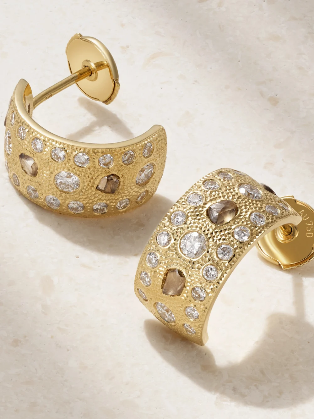 Close-up detail of the De Beers London Talisman 18-karat Gold Diamond Hoop Earrings