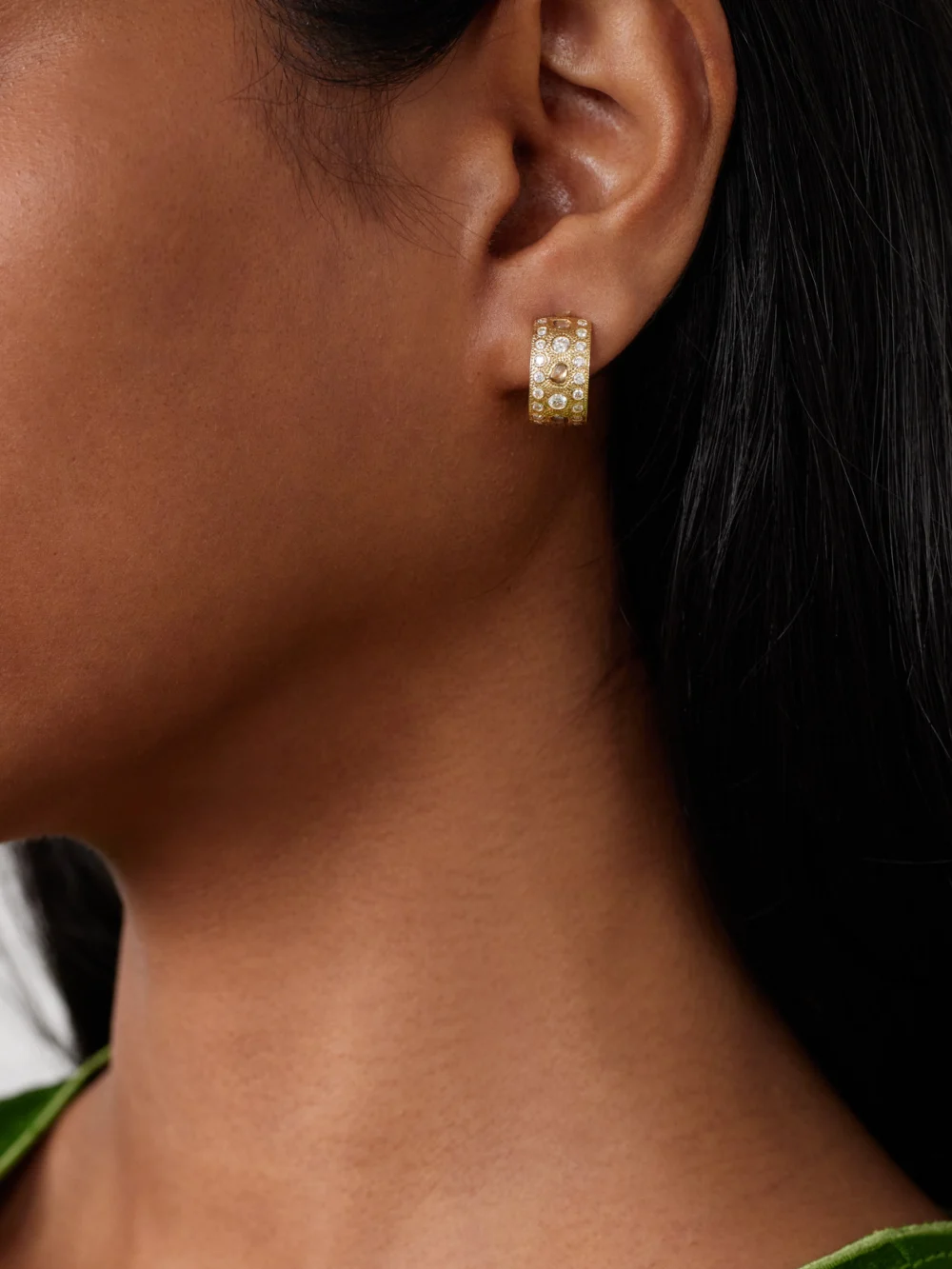 De Beers London Talisman 18-karat Gold Diamond Hoop Earrings, styled view