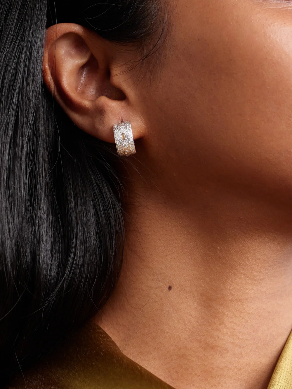 De Beers London Talisman 18-karat White Gold Diamond Hoop Earrings, styled view