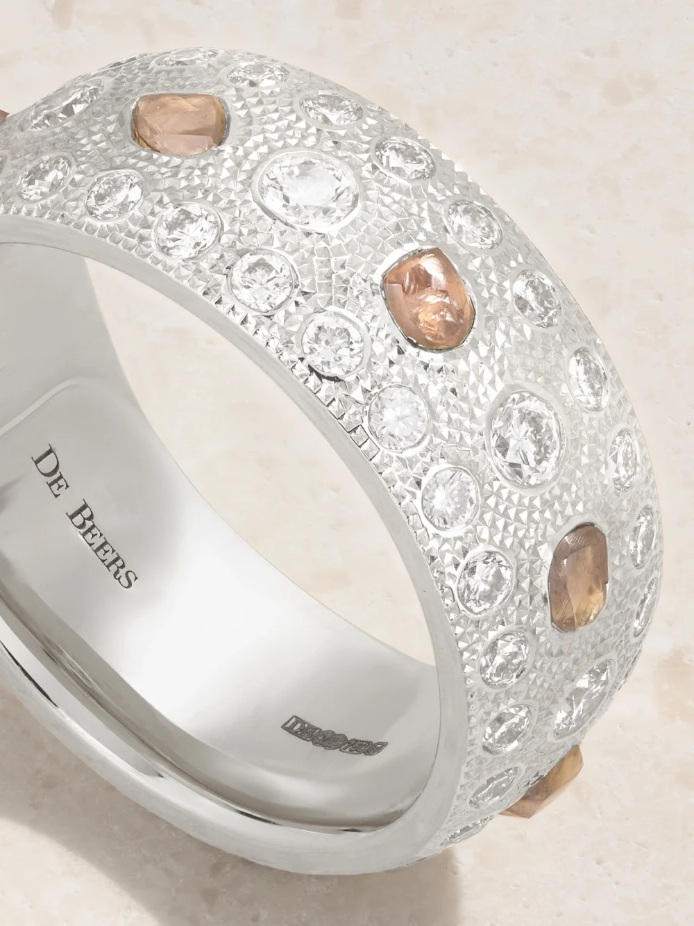 Close-up detail of the De Beers London Talisman Large 18-karat White Gold Diamond Ring