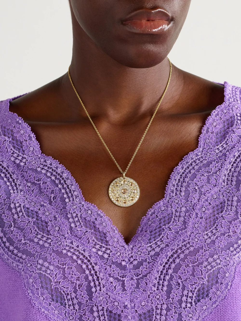 De Beers London Talisman Medal Large 18-karat Gold Diamond Necklace, styled view