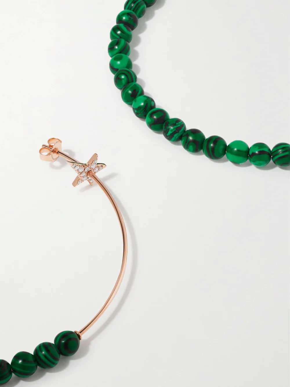 Close-up detail of the Diane Kordas 18-karat Rose Gold, Malachite and Diamond Hoop Earrings