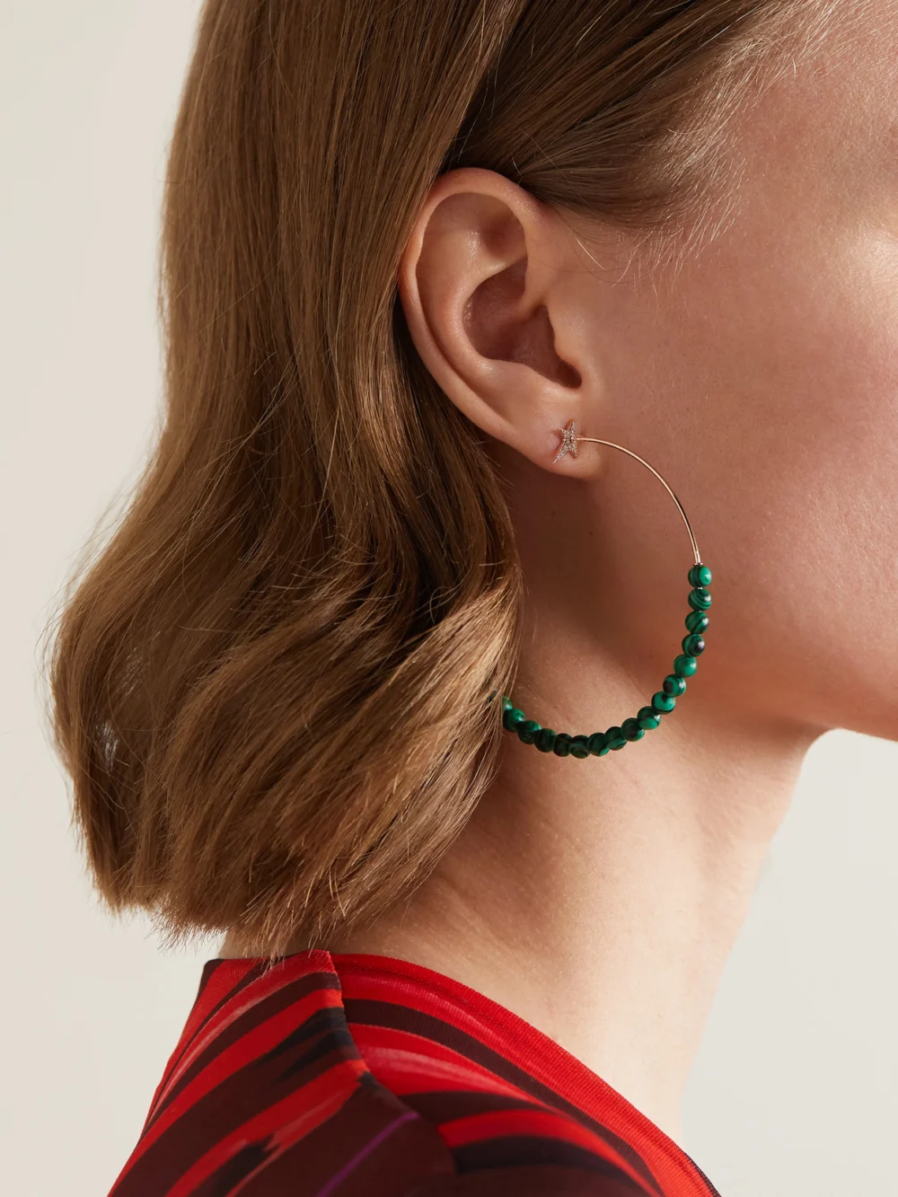 Diane Kordas 18-karat Rose Gold, Malachite and Diamond Hoop Earrings, styled view