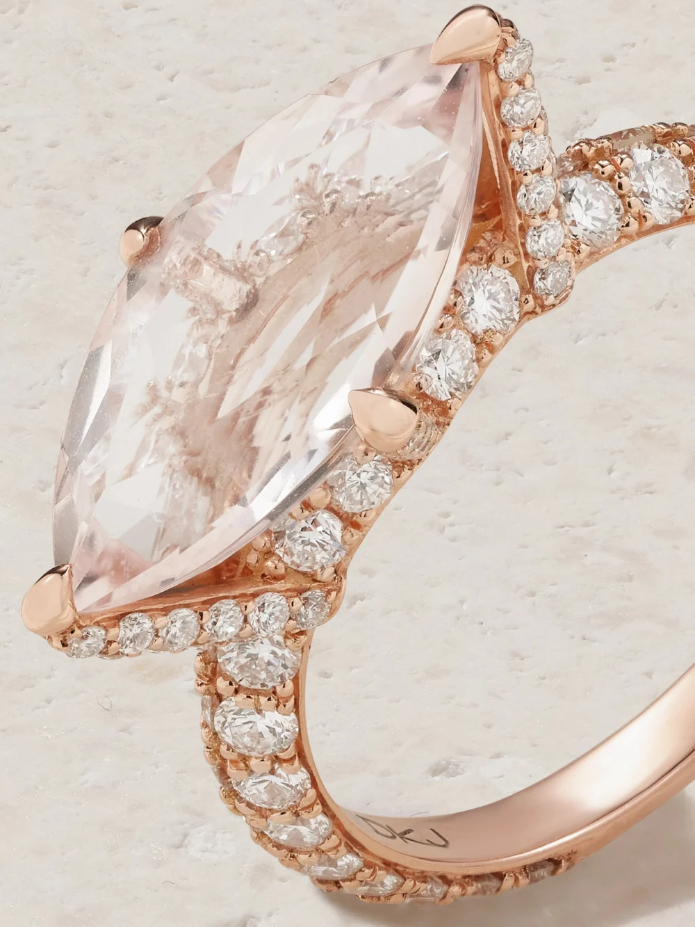 Close-up detail of the Diane Kordas 18-karat Rose Gold, Morganite and Diamond Pinky Ring