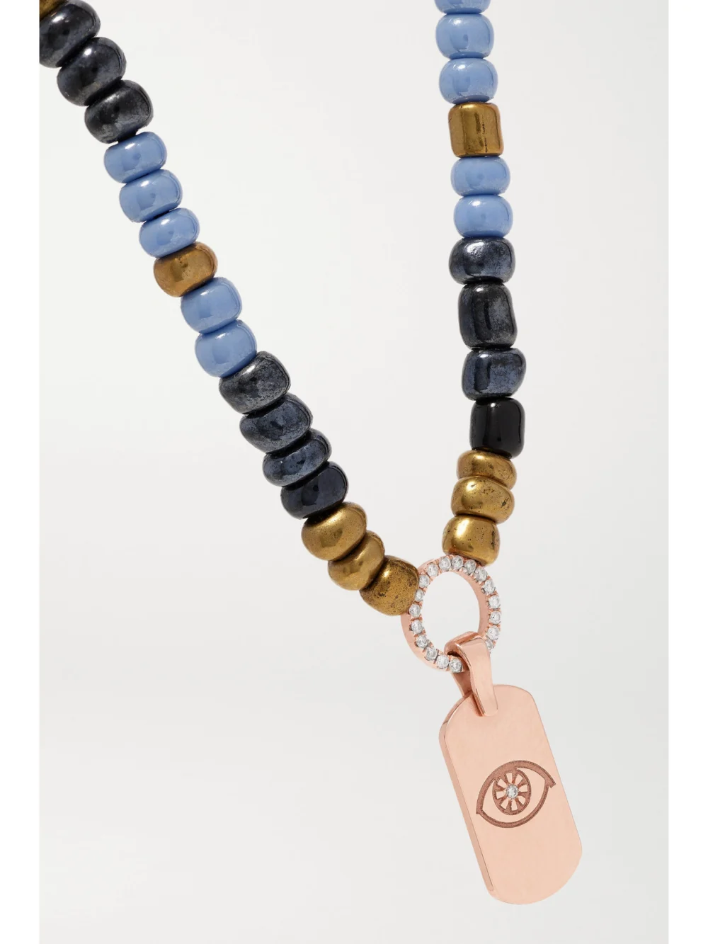 Close-up detail of the Diane Kordas Evil Eye 14-karat Rose Gold, Bead and Diamond Necklace