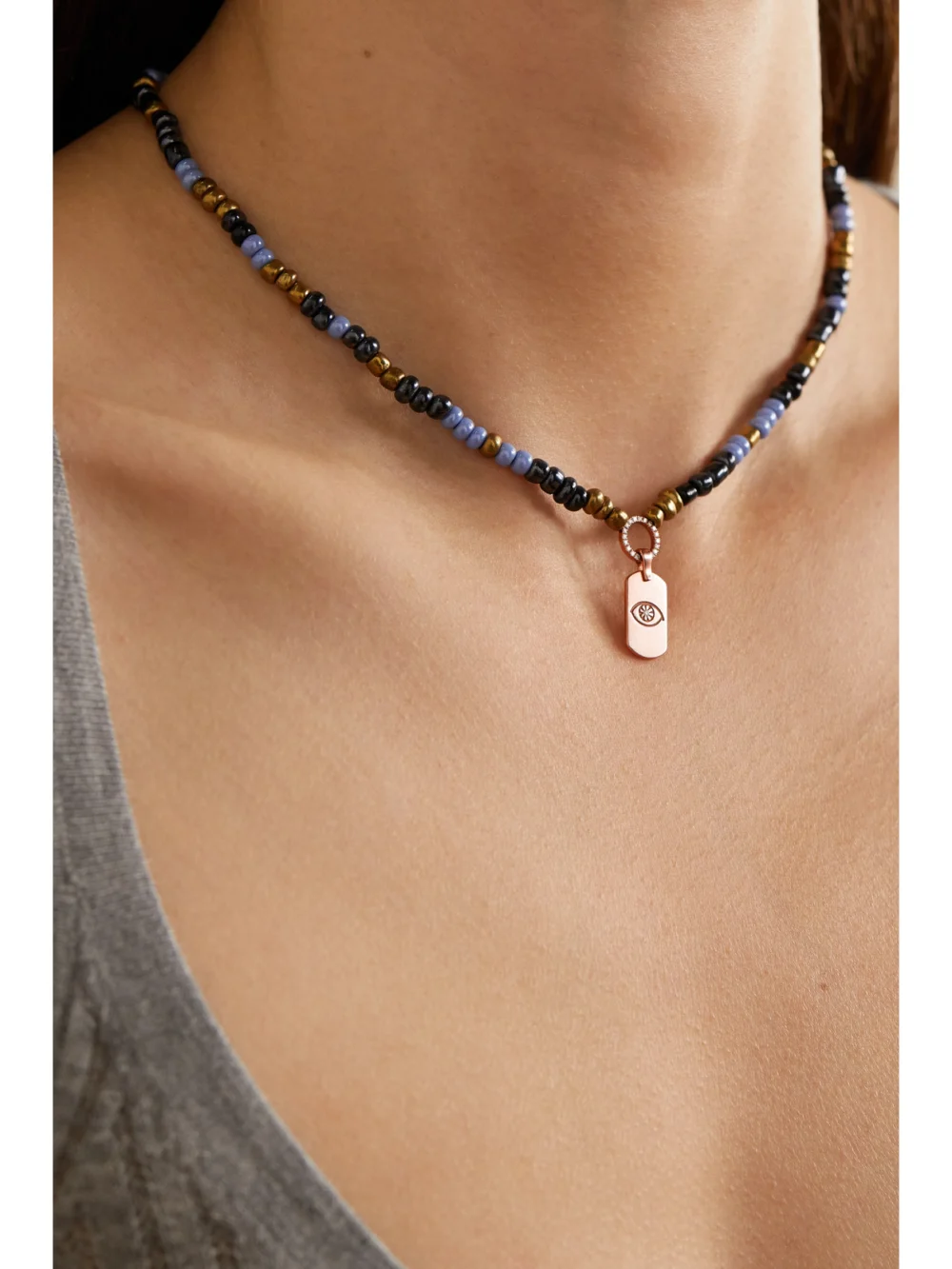 Diane Kordas Evil Eye 14-karat Rose Gold, Bead and Diamond Necklace, styled view