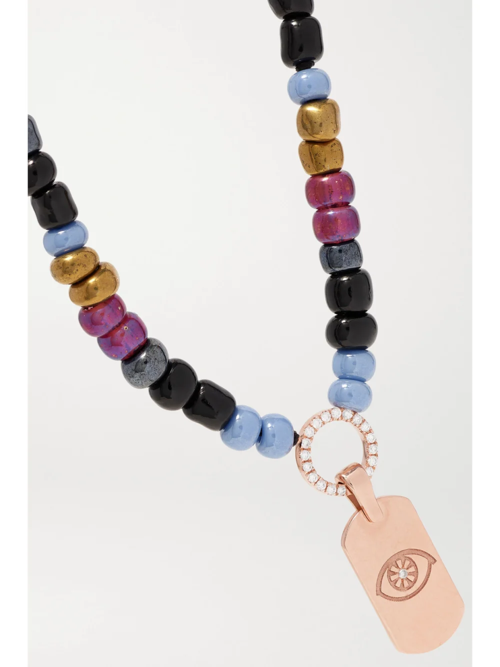 Close-up detail of the Diane Kordas Evil Eye 14-karat Rose Gold, Bead and Diamond Necklace