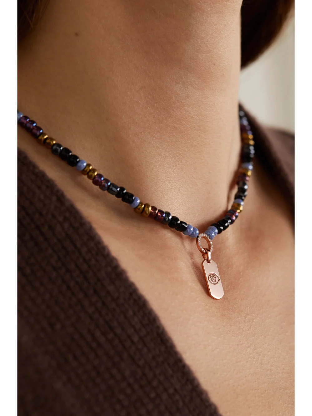 Diane Kordas Evil Eye 14-karat Rose Gold, Bead and Diamond Necklace, styled view