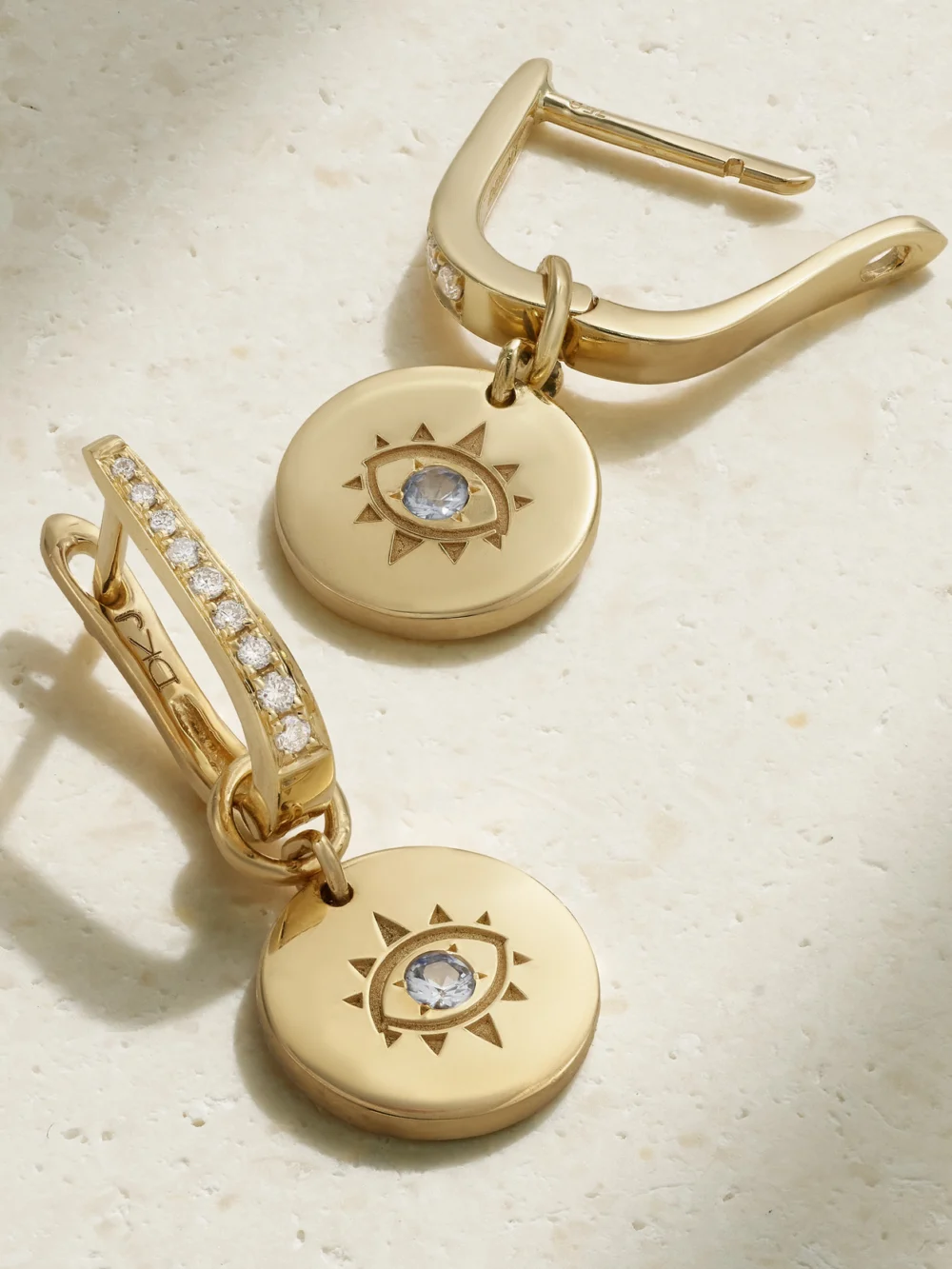 Close-up detail of the Diane Kordas Evil Eye 18-karat Gold, Diamond and Sapphire Earrings