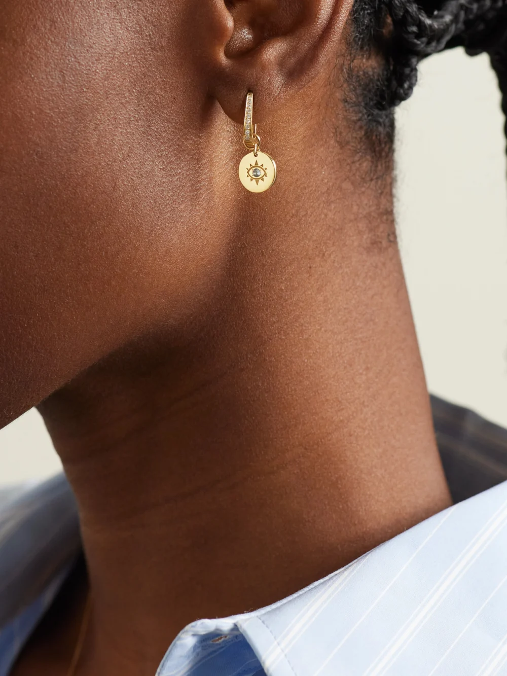Diane Kordas Evil Eye 18-karat Gold, Diamond and Sapphire Earrings, styled view