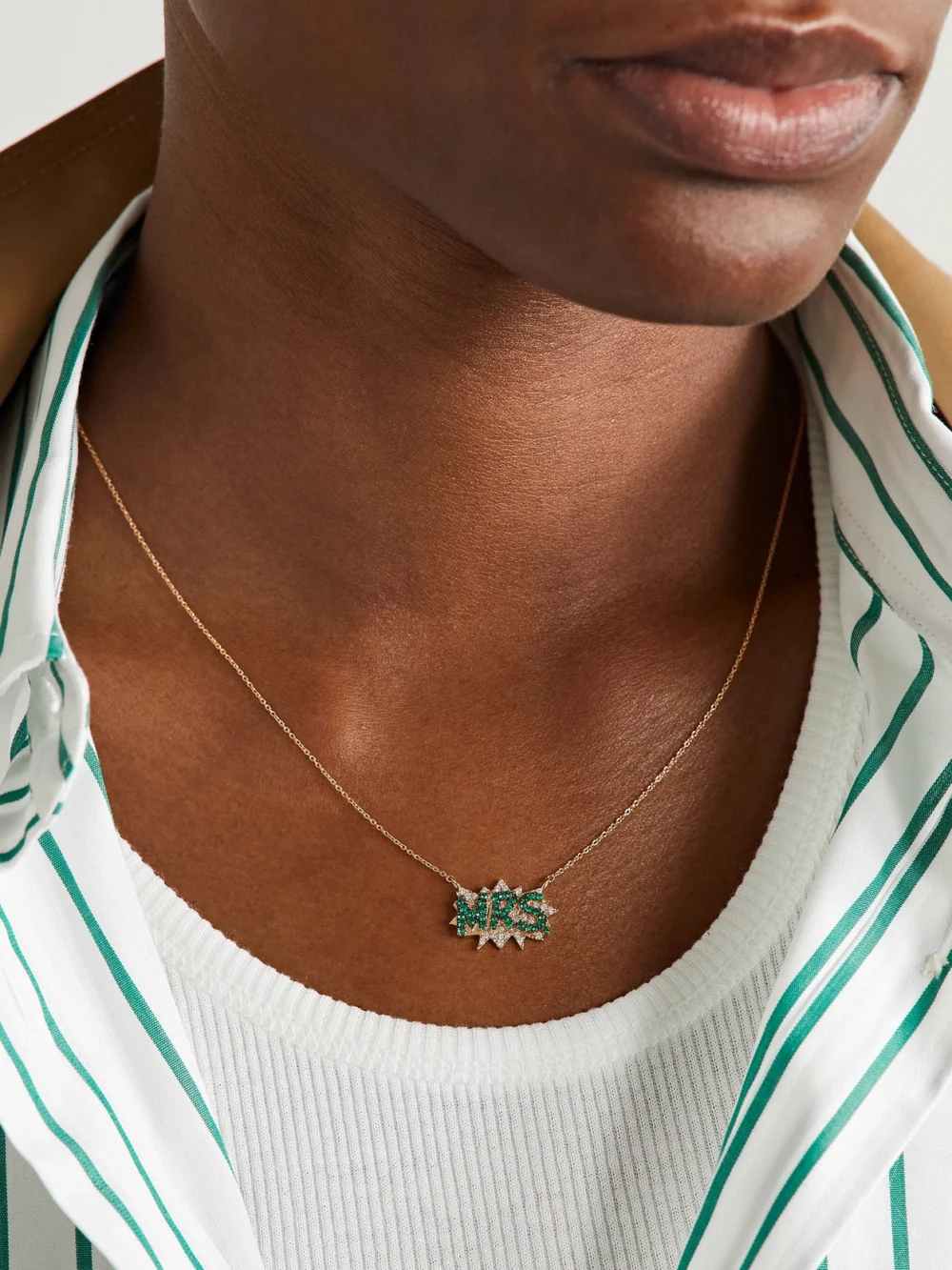 Diane Kordas Mrs. 18-karat Gold, Emerald and Diamond Necklace, styled view