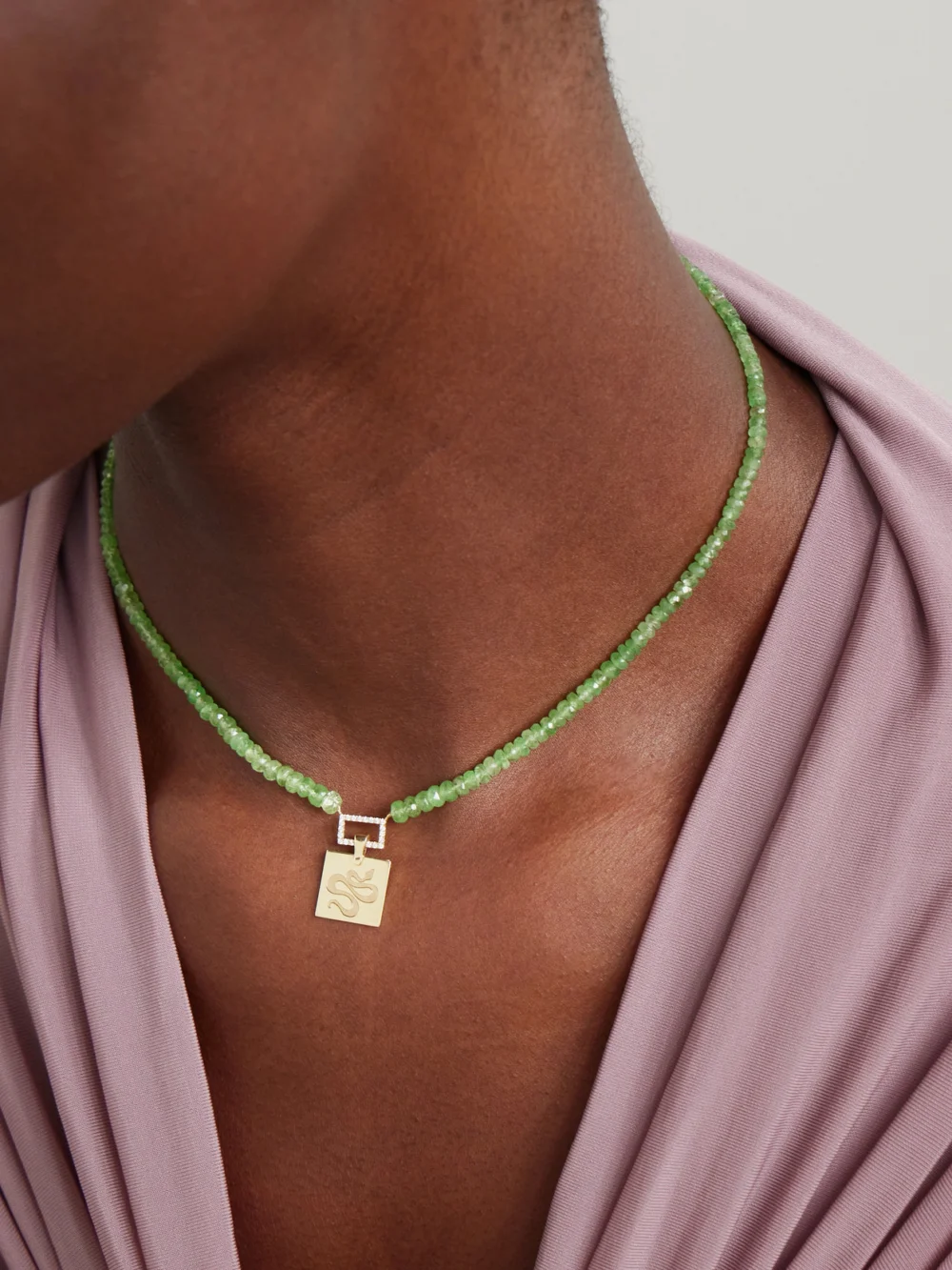 Diane Kordas Snake 14-karat Gold, Tsavorite and Diamond Necklace, styled view