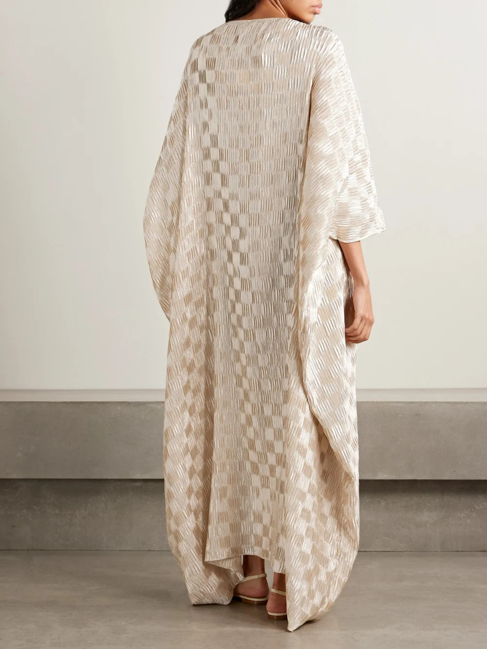 Back view of the Dima Ayad Cocoon Checked Plissé-satin Gown