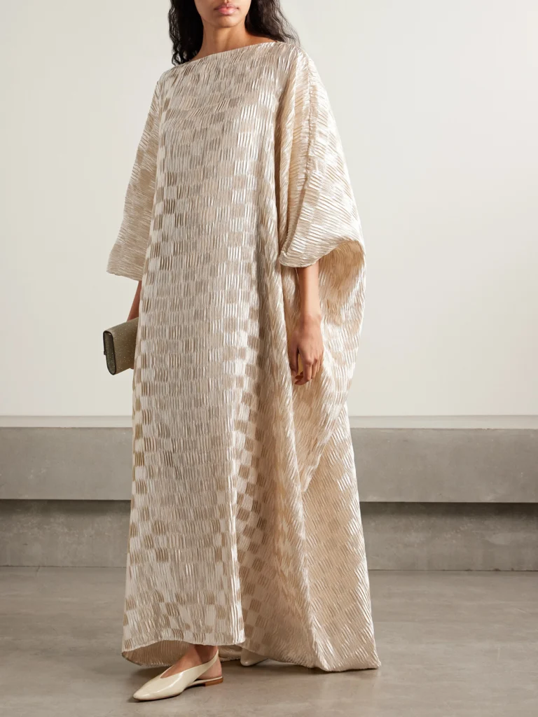 Dima Ayad Cocoon Checked Plissé-satin Gown