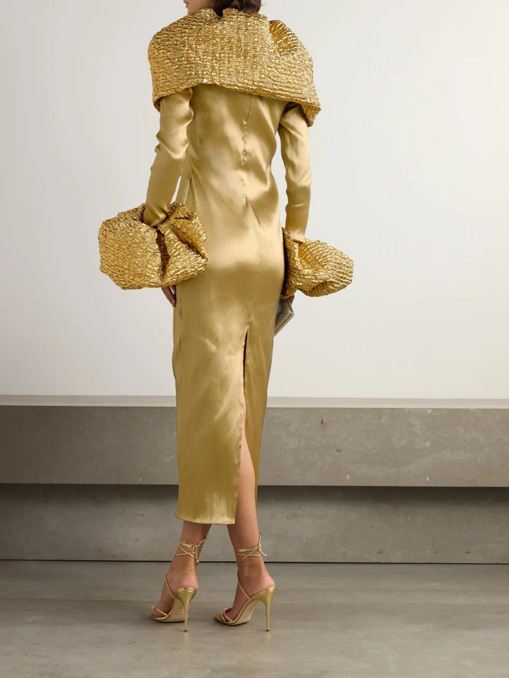 Back view of the Dima Ayad Convertible Cloqué-trimmed Satin Midi Dress