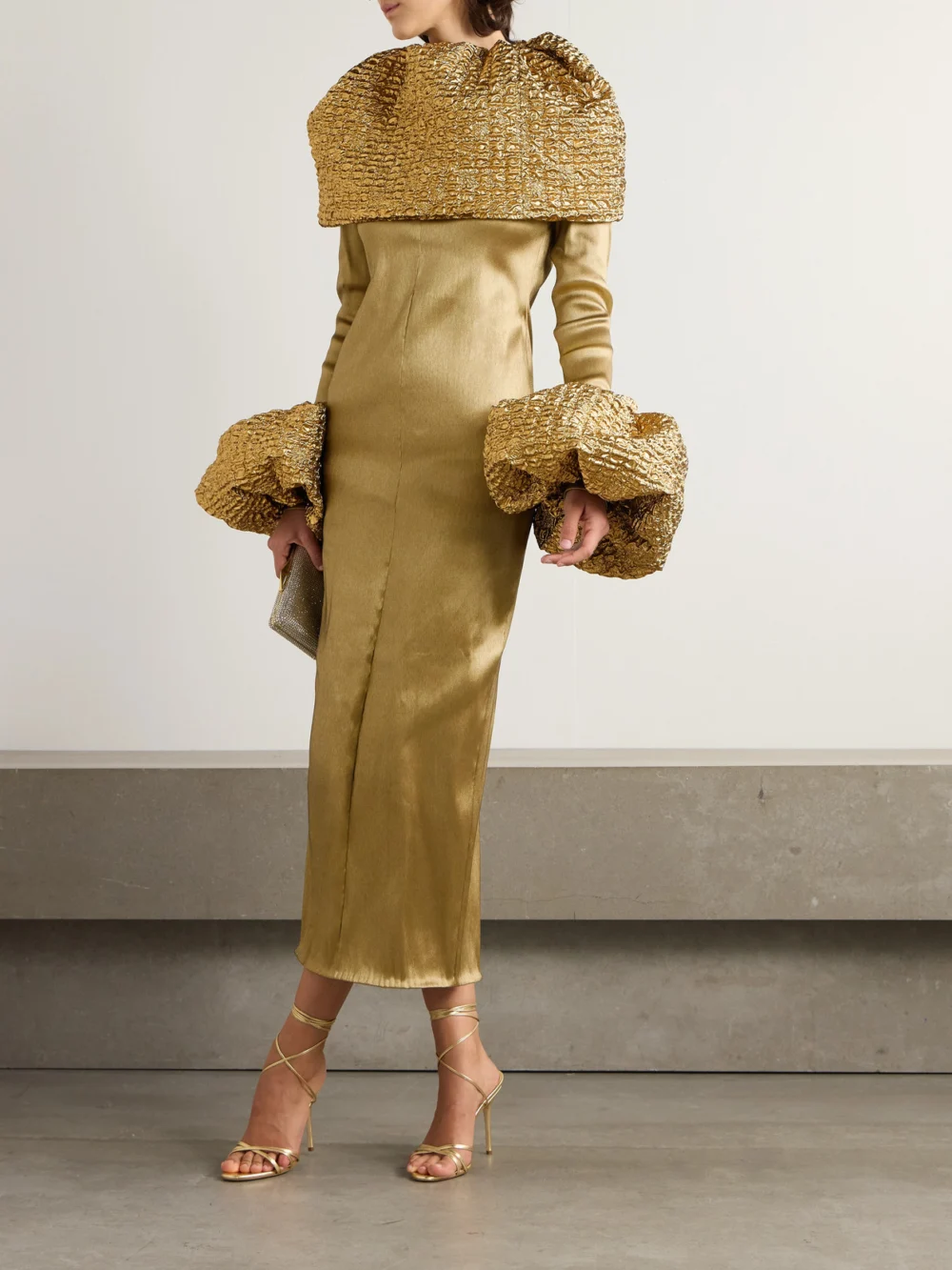 Dima Ayad Convertible Cloqué-trimmed Satin Midi Dress, worn by a model