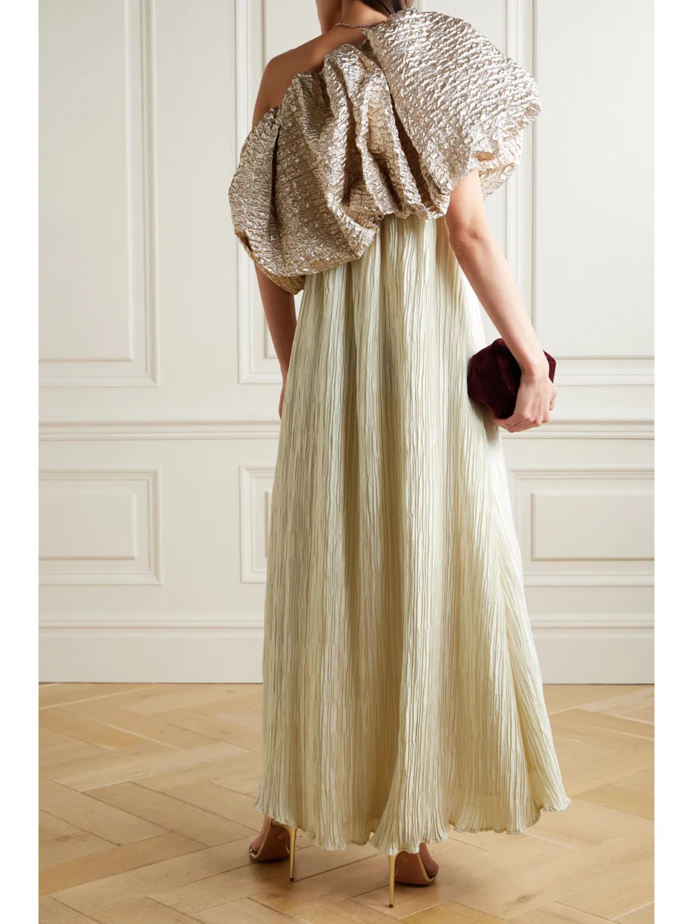 Back view of the Dima Ayad Convertible Popcorn Lamé and Plissé-crepe Gown