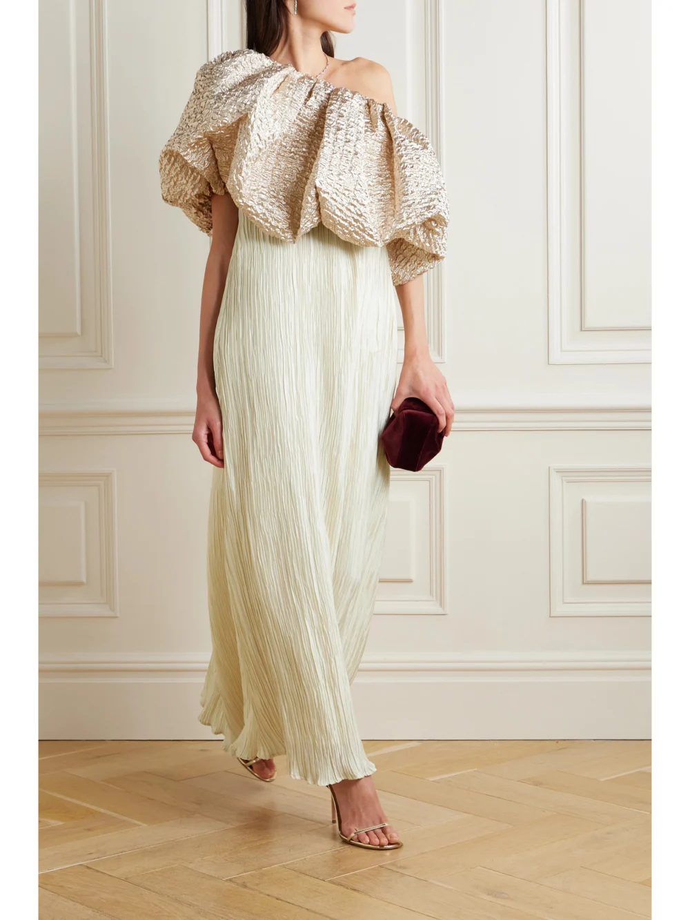 Dima Ayad Convertible Popcorn Lamé and Plissé-crepe Gown, worn by a model