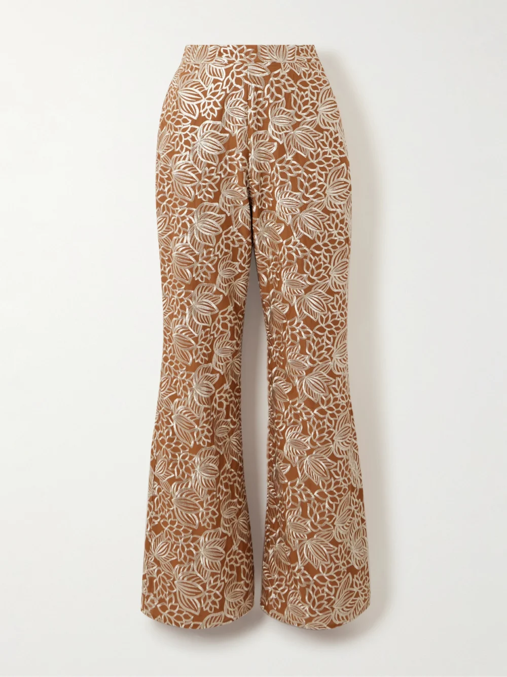 Dima Ayad Embroidered Satin Straight-leg Pants in camel