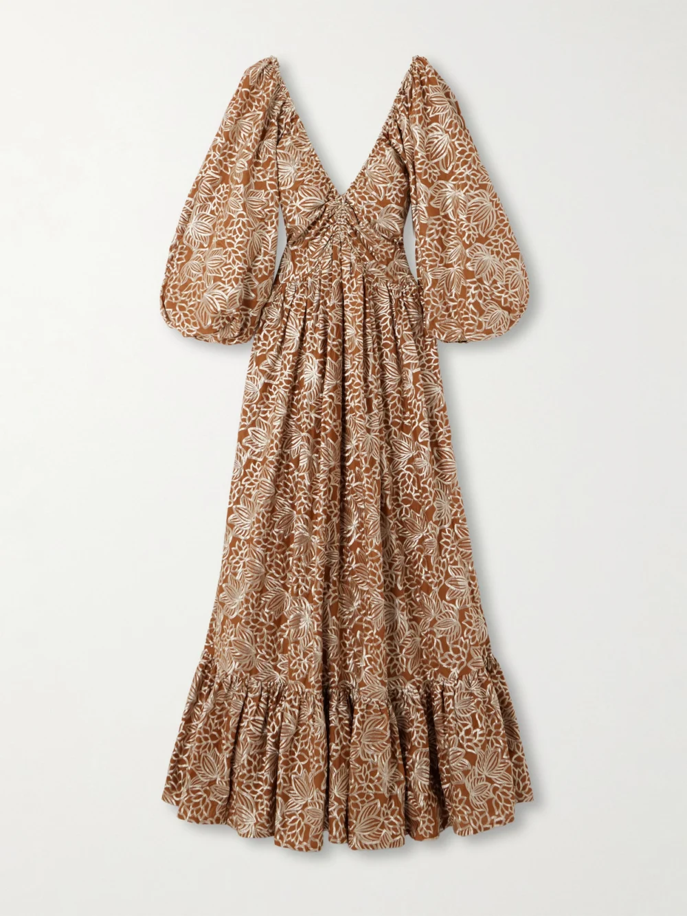 Dima Ayad Gathered Embroidered Satin Maxi Dress in camel