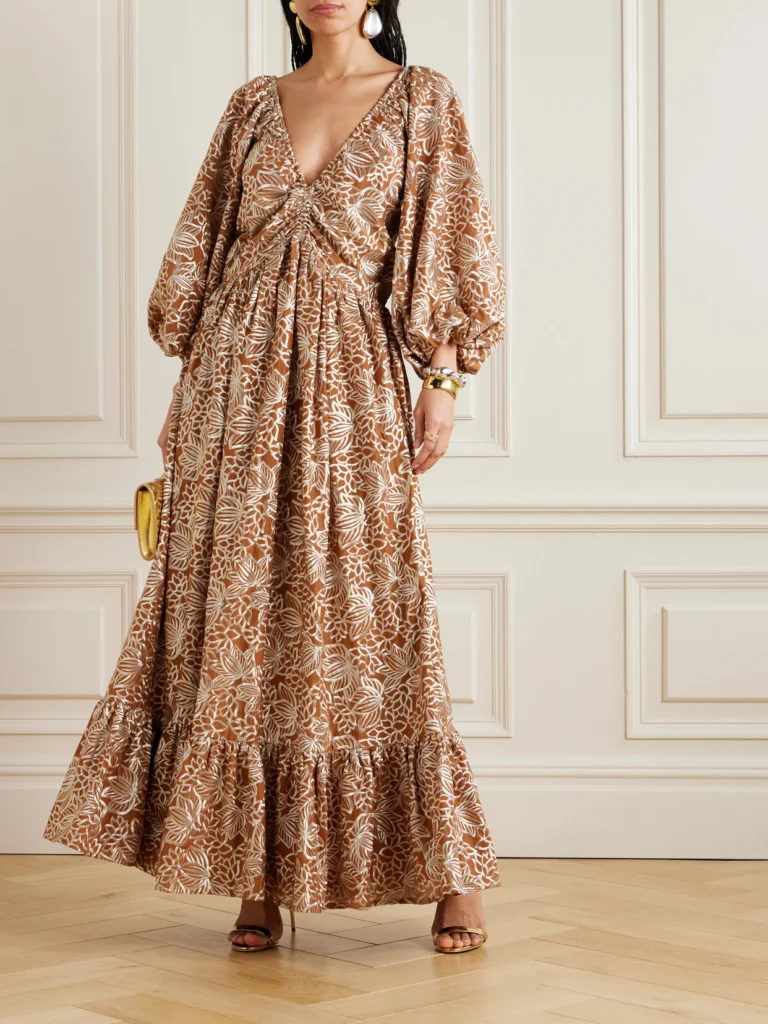 Dima Ayad Gathered Embroidered Satin Maxi Dress