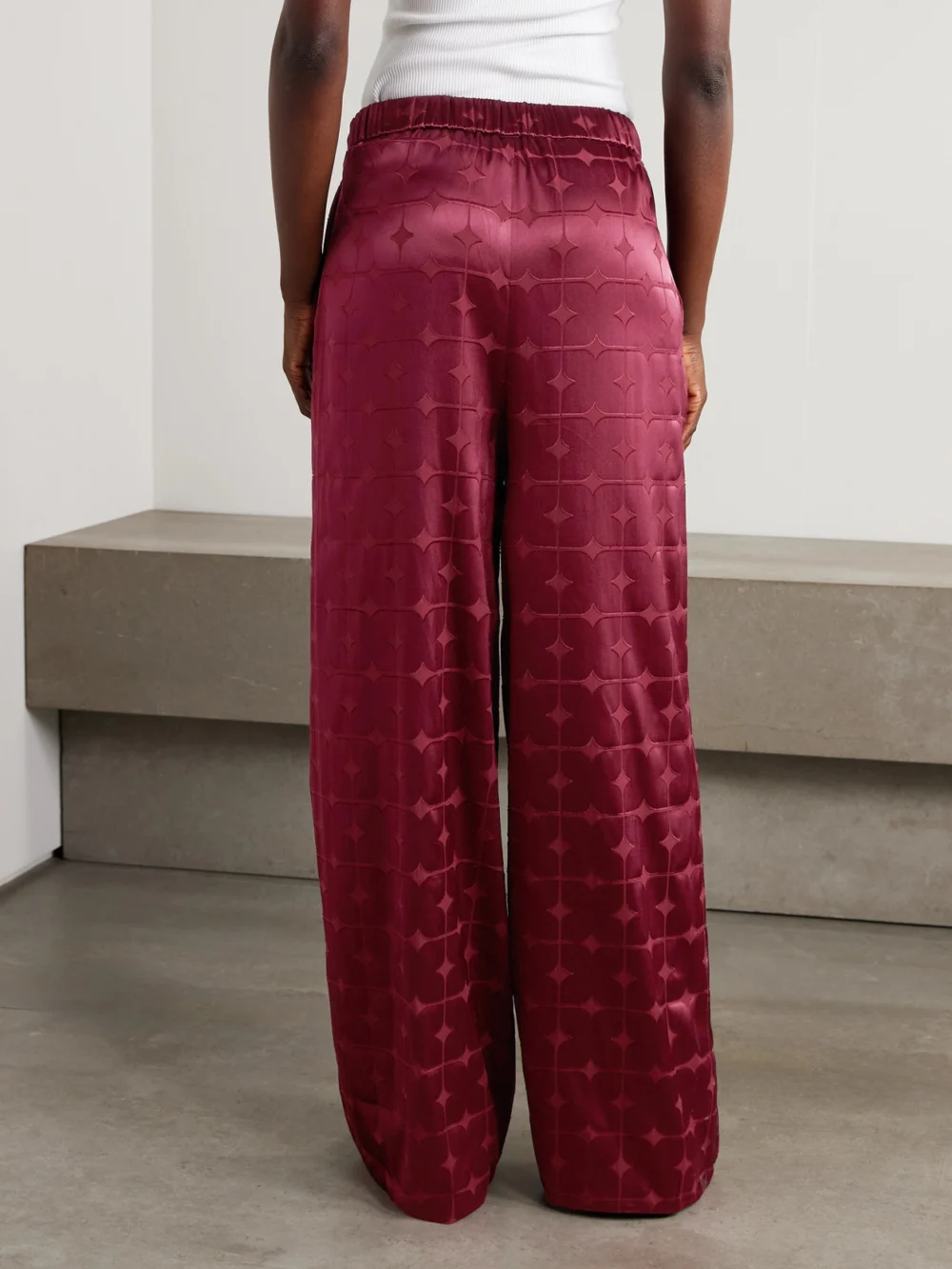 Back view of the Dima Ayad Geometric Devoré-satin Straight-leg Pants