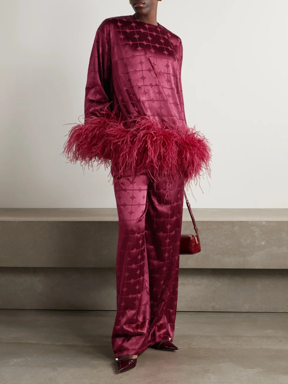 Dima Ayad Geometric Devoré-satin Straight-leg Pants, worn by a model