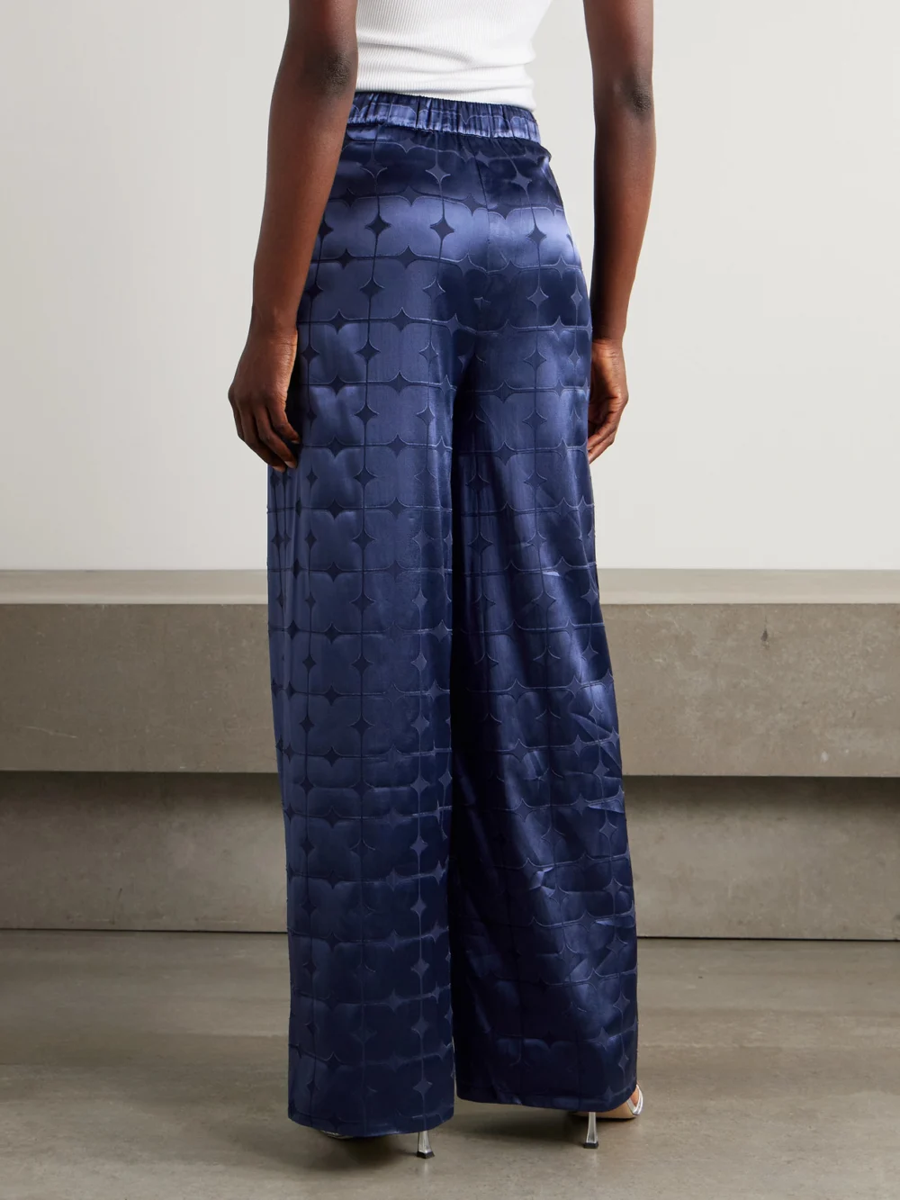 Back view of the Dima Ayad Geometric Devoré-satin Straight-leg Pants