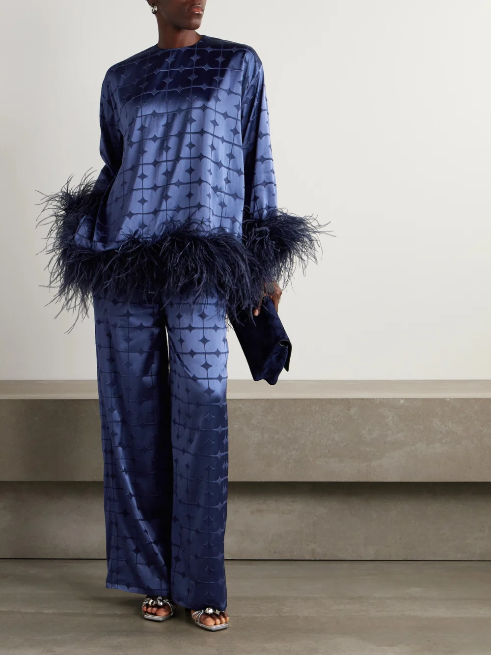 Dima Ayad Geometric Devoré-satin Straight-leg Pants, worn by a model