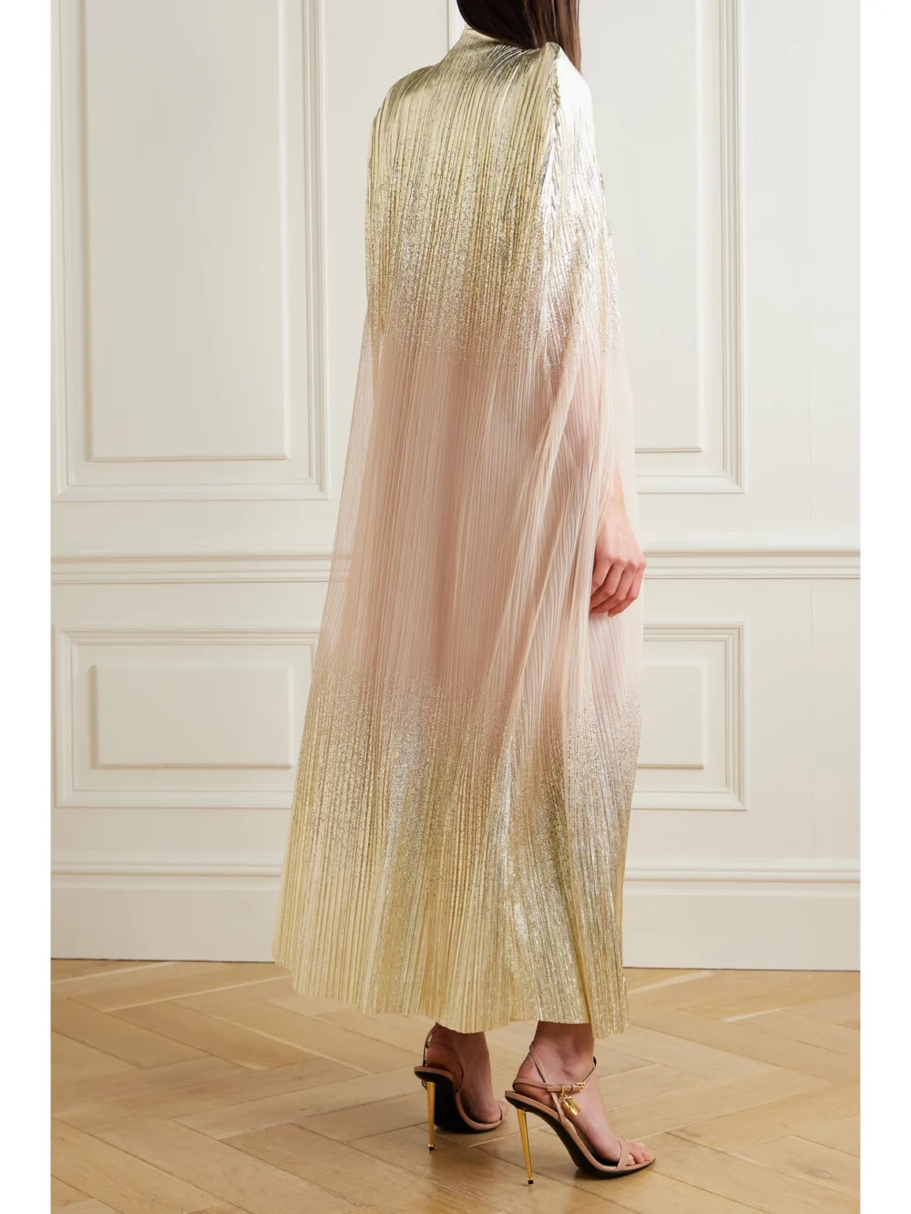 Back view of the Dima Ayad Metallic Plissé-tulle Gown and Cape Set