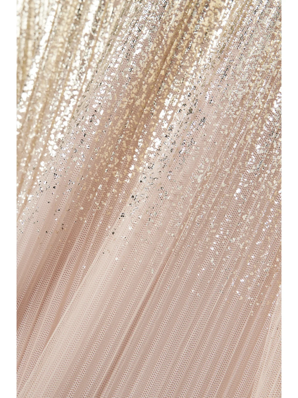 Close-up detail of the Dima Ayad Metallic Plissé-tulle Gown and Cape Set