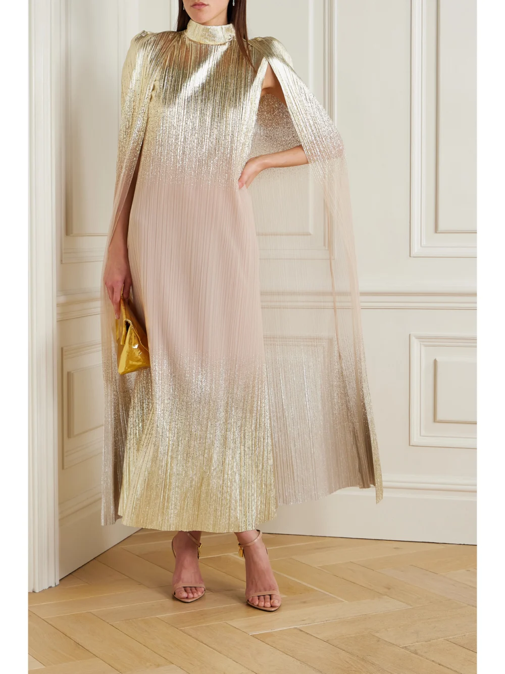 Dima Ayad Metallic Plissé-tulle Gown and Cape Set, worn by a model