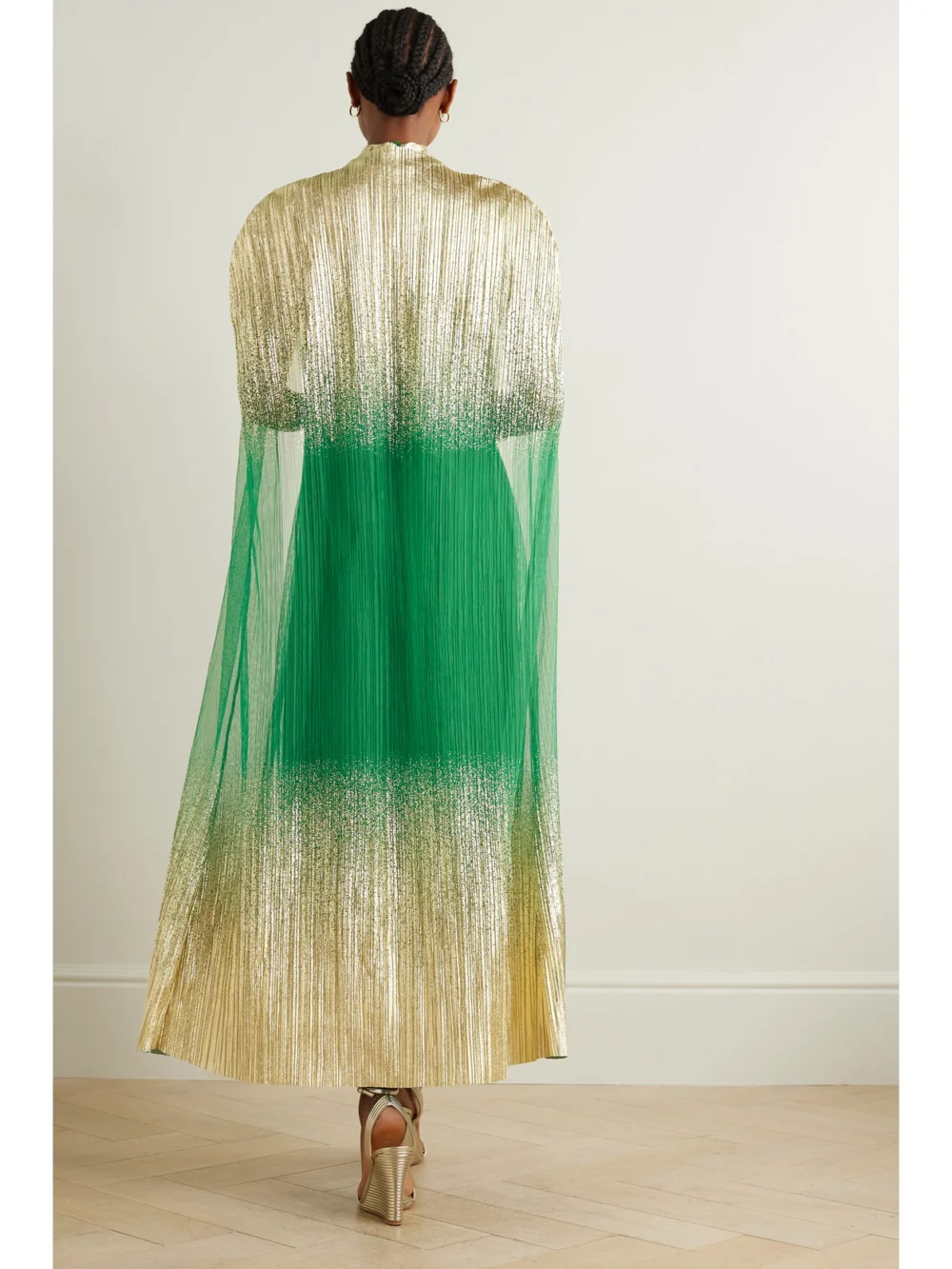 Back view of the Dima Ayad Metallic Plissé-tulle Gown and Cape Set